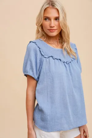Smocking Yoke Short Sleeve Blouse in Denim Blue Style 3303