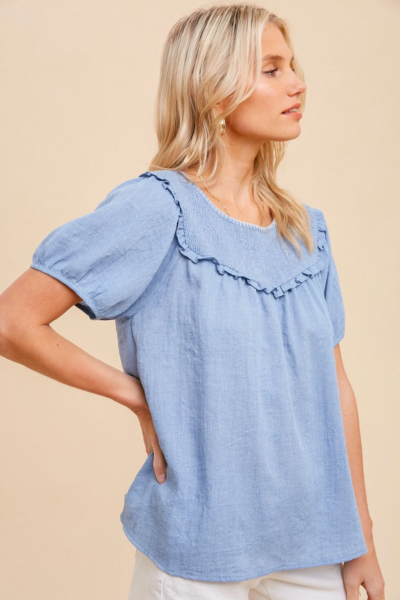 Smocking Yoke Short Sleeve Blouse in Denim Blue Style 3303