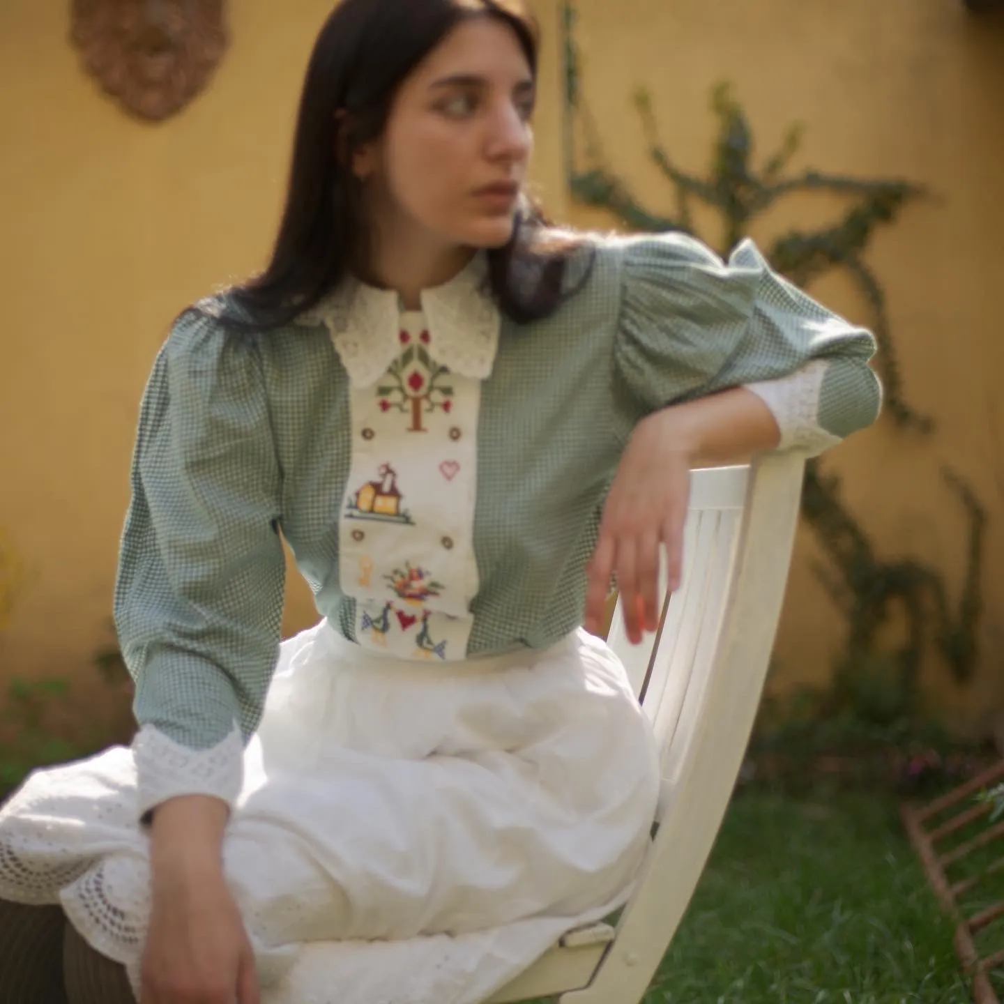 Vintage cotton mutton sleeve cross stitch embroidery and crochet collar gingham blouse