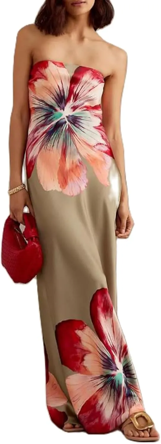 Women Floral Tube Maxi Dress with Scarf Y2k Strapless Backless Mesh Long Bodycon Dresses Formal Cocktail Sundress