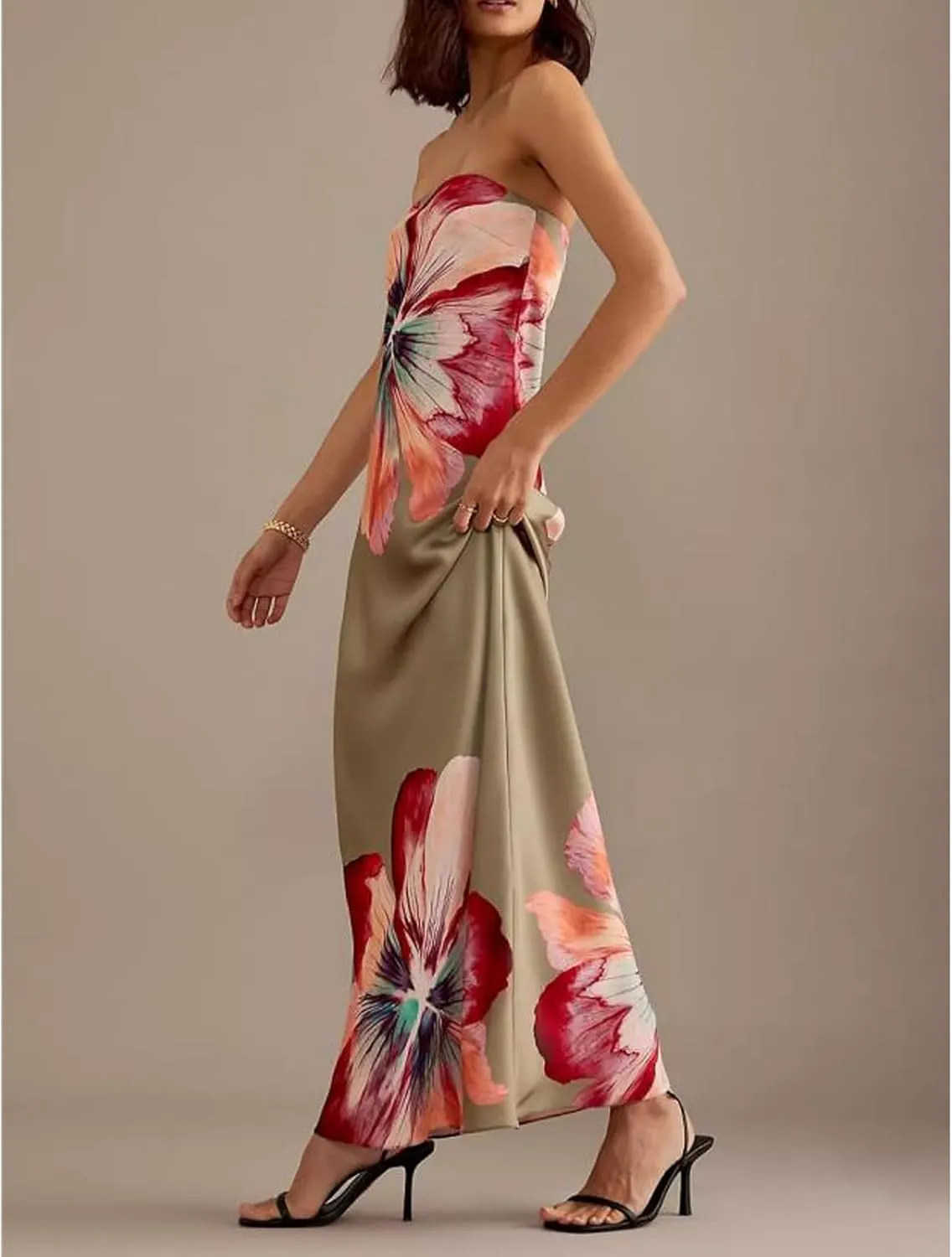 Women Floral Tube Maxi Dress with Scarf Y2k Strapless Backless Mesh Long Bodycon Dresses Formal Cocktail Sundress