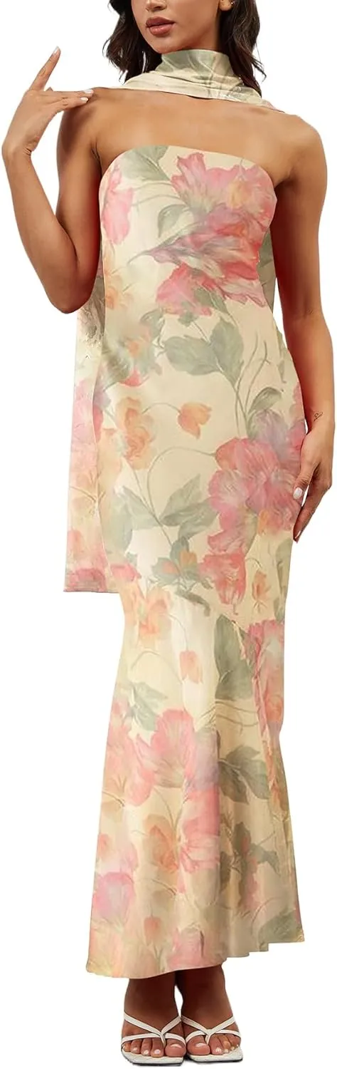 Women Floral Tube Maxi Dress with Scarf Y2K Strapless Bodycon Summer Party Long Dress Vacation Halter Dresses