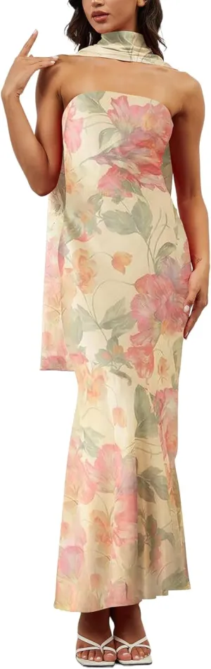 Women Floral Tube Maxi Dress with Scarf Y2K Strapless Bodycon Summer Party Long Dress Vacation Halter Dresses