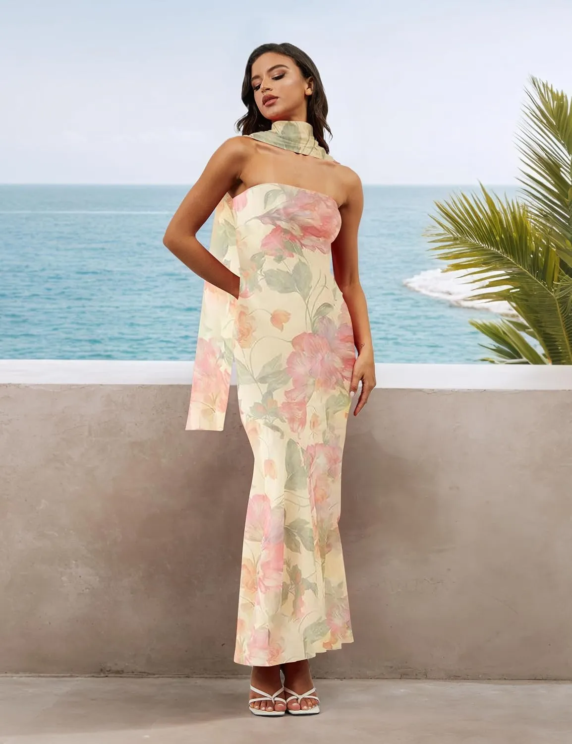 Women Floral Tube Maxi Dress with Scarf Y2K Strapless Bodycon Summer Party Long Dress Vacation Halter Dresses