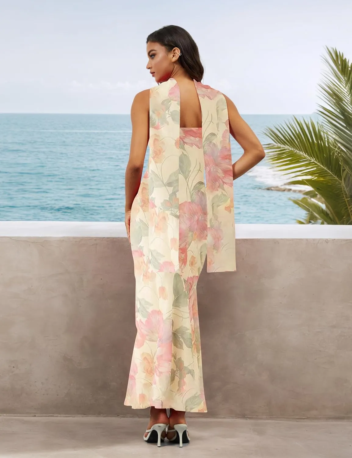 Women Floral Tube Maxi Dress with Scarf Y2K Strapless Bodycon Summer Party Long Dress Vacation Halter Dresses