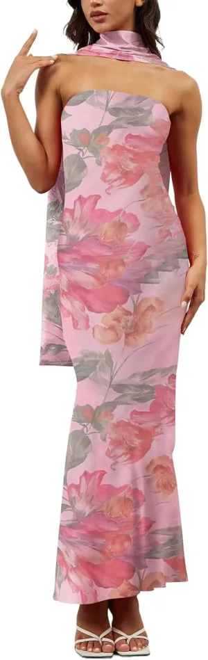 Women Floral Tube Maxi Dress with Scarf Y2K Strapless Bodycon Summer Party Long Dress Vacation Halter Dresses