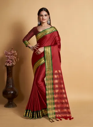 Women Party Wear Designer Soft Silk Red colour Saree with Zari Border Work