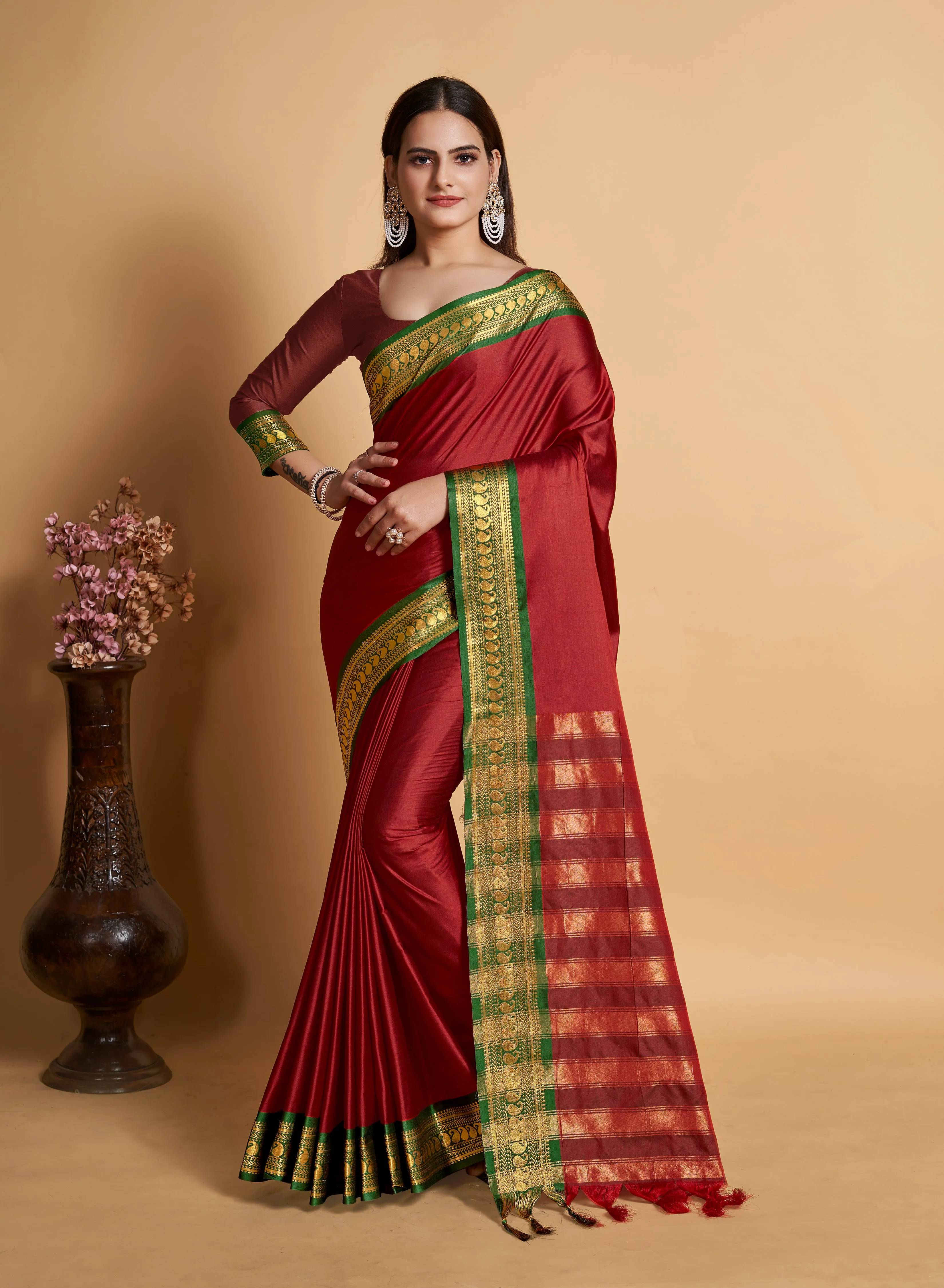 Women Party Wear Designer Soft Silk Red colour Saree with Zari Border Work