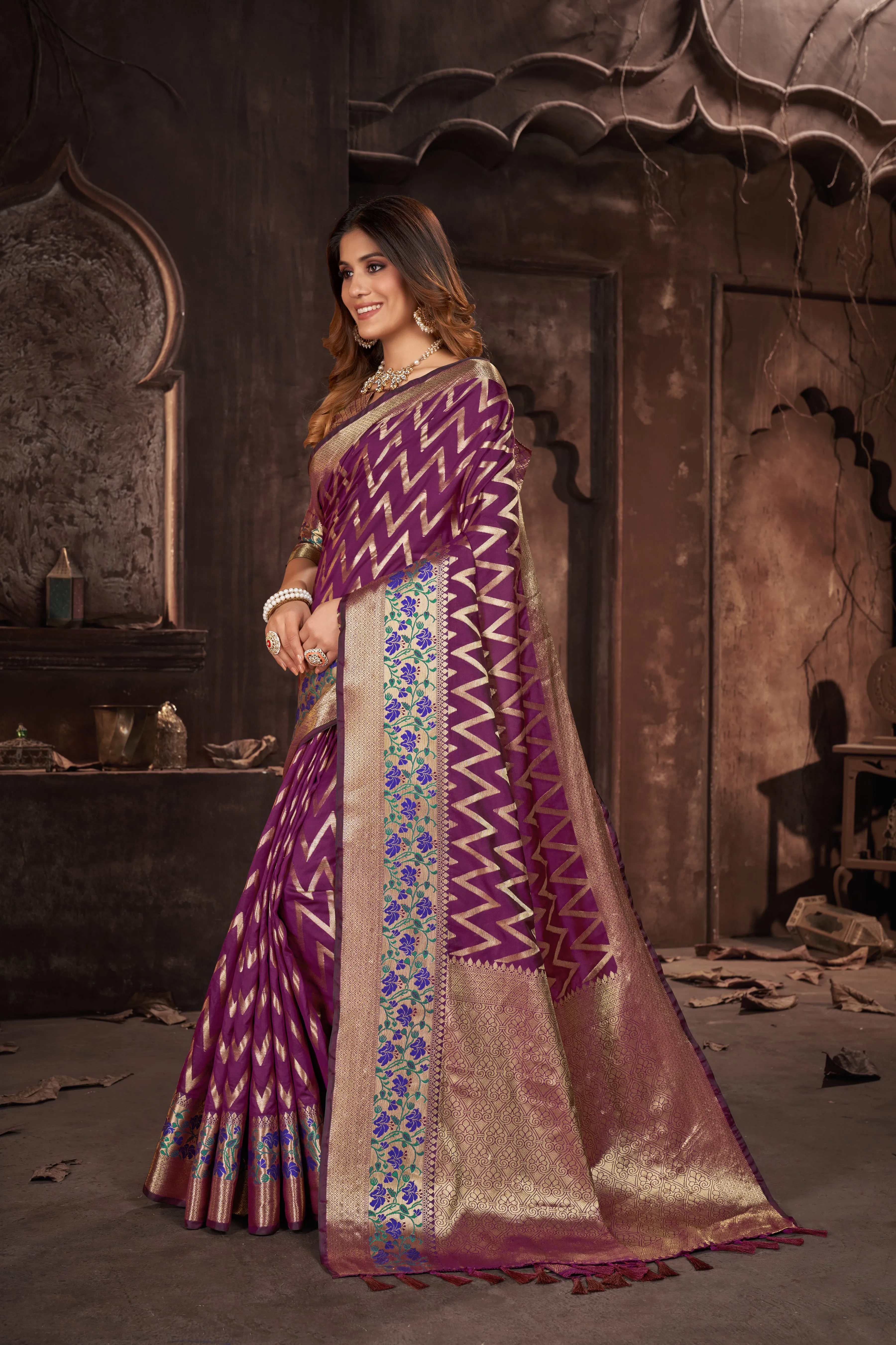 Women Party Wear Weaving Leherai Silk Purple colour Saree with Un-Stitched Blouse