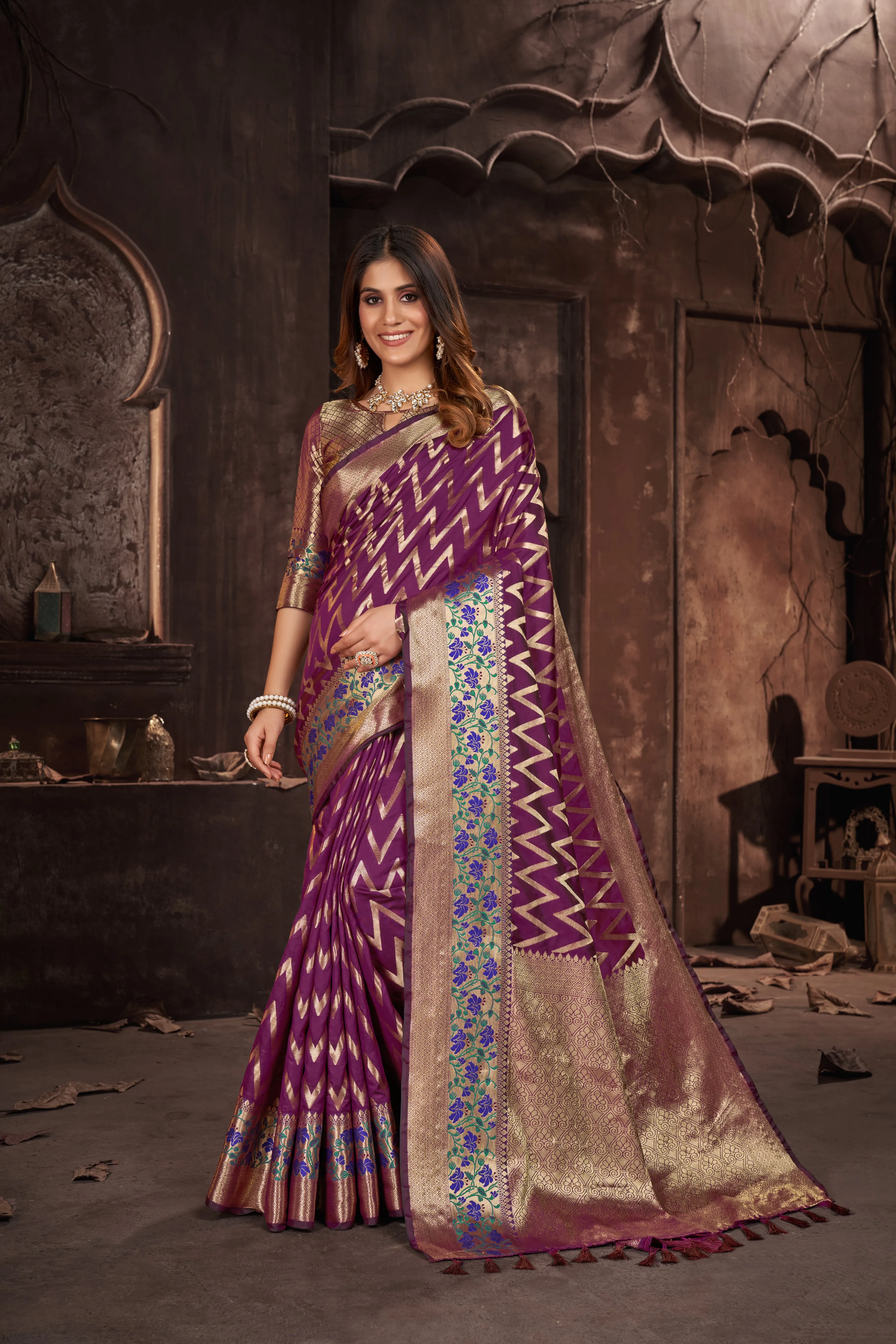 Women Party Wear Weaving Leherai Silk Purple colour Saree with Un-Stitched Blouse