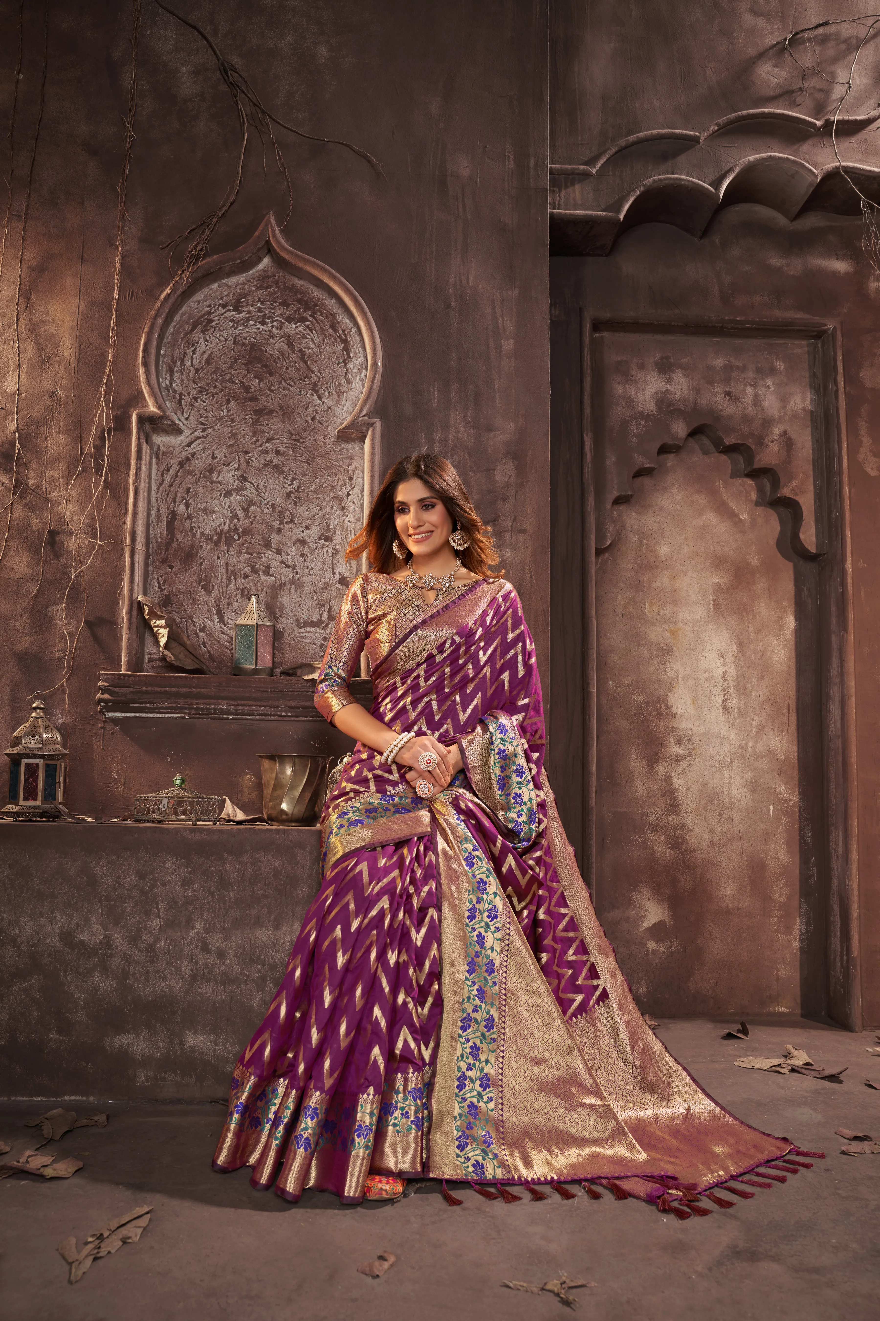 Women Party Wear Weaving Leherai Silk Purple colour Saree with Un-Stitched Blouse